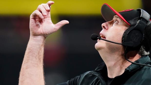Atlanta Falcons head coach Arthur Smith reacts along the sidelines against the Indianapolis Colts during the first half at Mercedes-Benz Stadium.